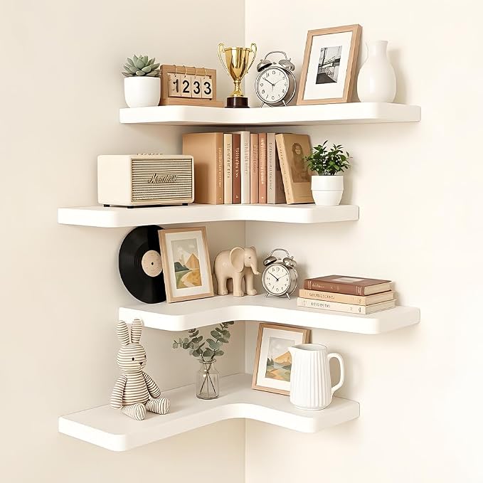 Floating Corner Shelves, Wall Shelf Set of 4, Shelves for Wall Storage, Solid Wood Shelves for Storage, Wall Mount Wooden Display Shelf for Bathroom Bedroom Kitchen Garage (White 4 Pcs)