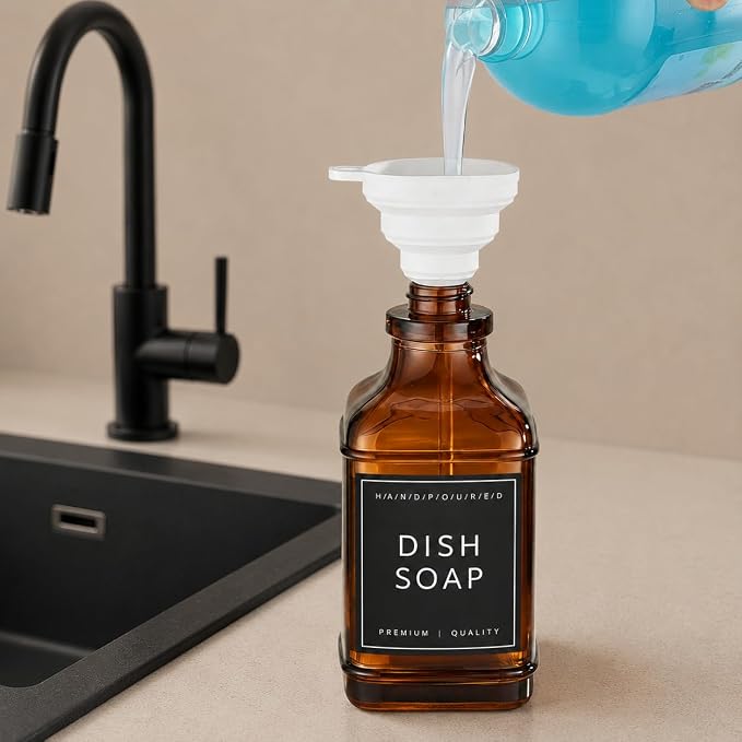 Amber Glass Soap Dispesner Set 2 16.9oz Kitchen Sink Luxury Bathroom Decor | Anti-leak Stainless Steel Pump, Bamboo Tray Silicone Funnel, Refillable Bottles with Waterproof Labels Residue Free