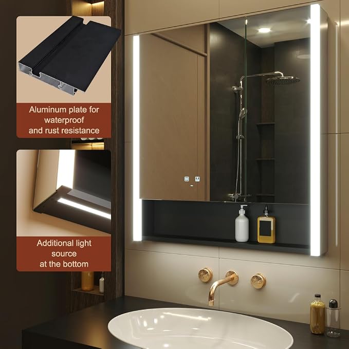 31x34 Inch Two Doors Aluminum LED Bathroom Medicine Cabinet with Mirror | Light Adjustment, Anti-Fog, Sockets&USBs, High Capacity, Easy to Install