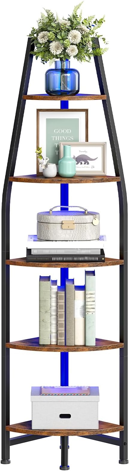 Corner Shelf with Lights, Corner Bookshelf with Metal Frame, 5-Tier Tall Ladder Shelf, Storage Rack for Home Office, Bedroom, Living Room, Rustic Brown and Black TCJ71DBF