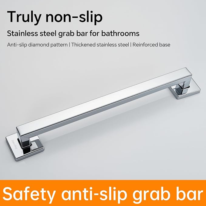 Joyrain ADA Square Grab Bar 16/24/32 Inch - 500lb Capacity Safety Rail for Elderly, Non-Slip Bathroom Handle (Chrome, 12 inch)