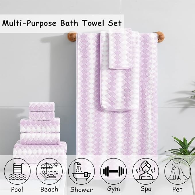 12 Pcs Light Purple Diamond Towel Set-4 Bath Towels,4 Hand Towels,4 Washcloths Soft Polyester Bath Towel with Loop Absorbent Shower Towel Quick Dry Family Towels for Bathroom Spa Gym