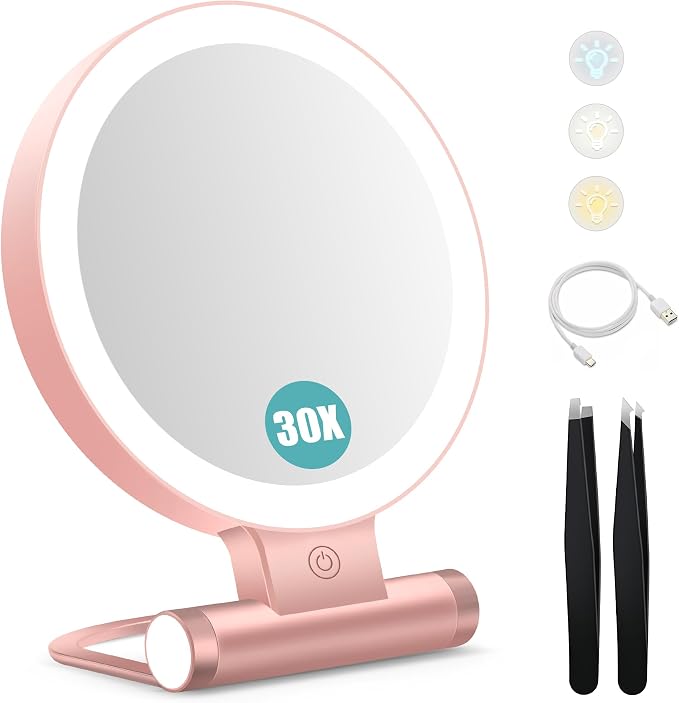 Magnifying Mirror with Light 30X, Double-Sided 1X/30X Magnifying Makeup Mirror with Tweezer, 2000mAh 3 Colour Modes with Adjustable Brightness,Foldable Compact Travel Mirror(Rose Gold)