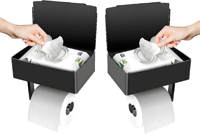 Toilet Paper Holder with Storage, Shelf of Bathroom Toilet Tissue Holder, Toilet Paper Roll Holder, Black Stainless Steel Wall Mount, No Installation & Flushable Wet Wipes Storage (2 Pack)