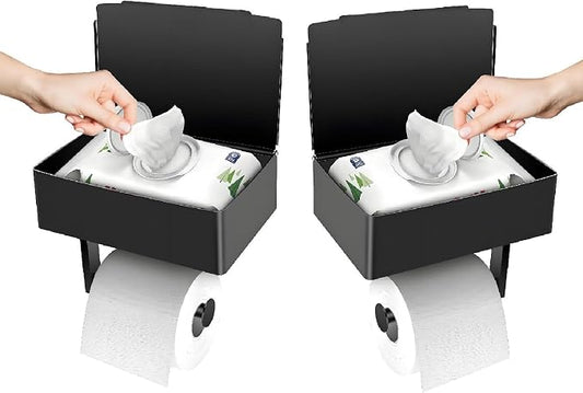 Toilet Paper Holder with Storage, Shelf of Bathroom Toilet Tissue Holder, Toilet Paper Roll Holder, Black Stainless Steel Wall Mount, No Installation & Flushable Wet Wipes Storage (2 Pack)