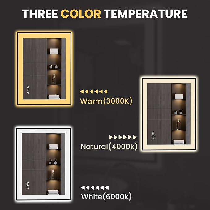LOAAO 24"X32" LED Bathroom Mirror Black Framed | Anti-Fog, Dimmable, Memory Function, Tempered Glass, Lighted Vanity Mirror for Wall