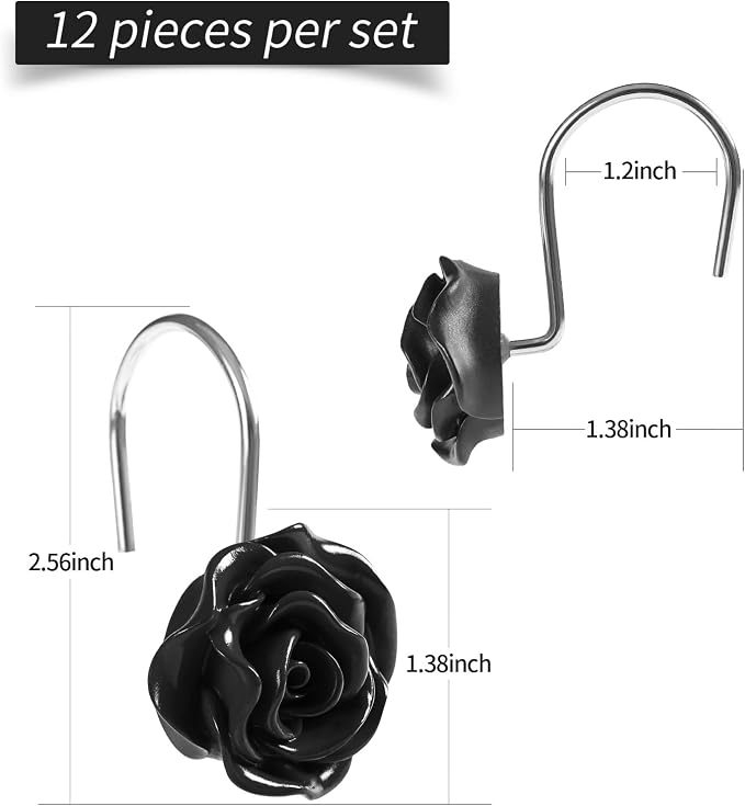 Cute Rose Floral Shower Curtain Hooks Rings for Bathroom,Black 12PCS | Metal Rustproof Curtain Hooks Shower Rings,Girls Decorative Flower Bathroom Decor,for Bathroom Shower Rods