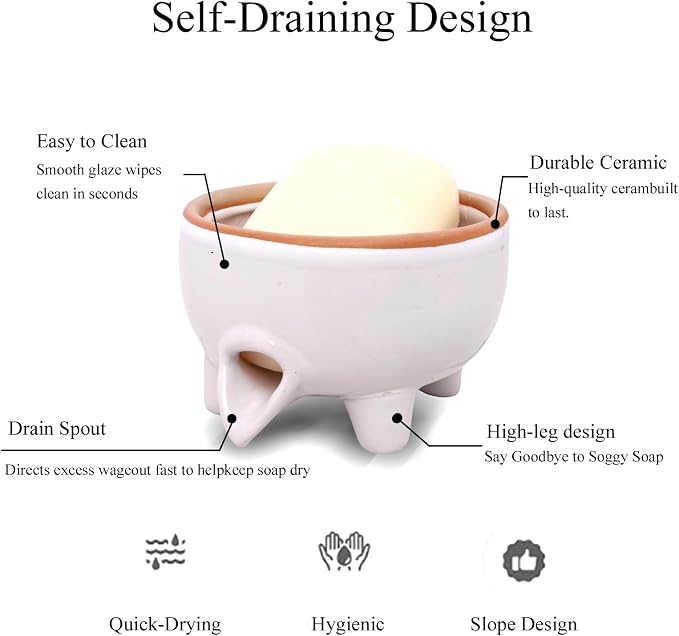 Soap Dish, Self Draining Ceramic Soap Holder for Shower, Bath, Kitchen Sink | Soap saver holds Sponge, Scouring Pads, steel wool. Drains to keep bar dry & counter clean. Fits most decor
