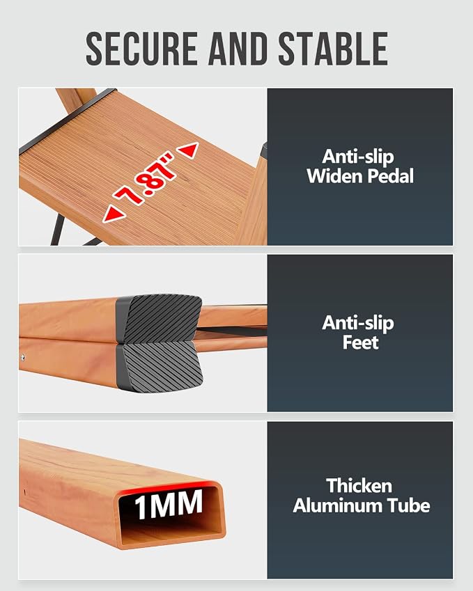 3 Step Foldable Step Stool, 300lbs Load, Wood Grain | Folded 36''H x 3''T; Net 9 lbs; Non-Slip Feet: Wood/Tile/Carpet; Rigid Aluminum Steps; No Assembly; Ready From Box.