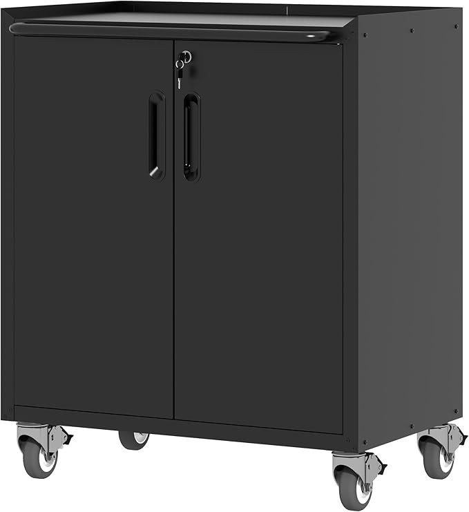 Metal Storage Cabinet for Garage, Tool Cabinet, Utility Cabinet | Wheeled, Rolling Tool Cabinet, Lockable, 2 Doors, Adjustable Shelves, Top Countertop, Assembly Required, Black