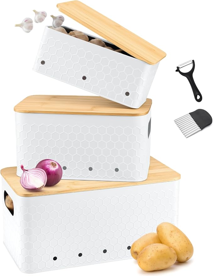 Kitchen Vegetable Storage Set of 3, Metal Onion Garlic Potato Storage Set, Kitchen Canisters Vegetable Keeper Containers with Aerating Holes and Bamboo Lid,Embossed White