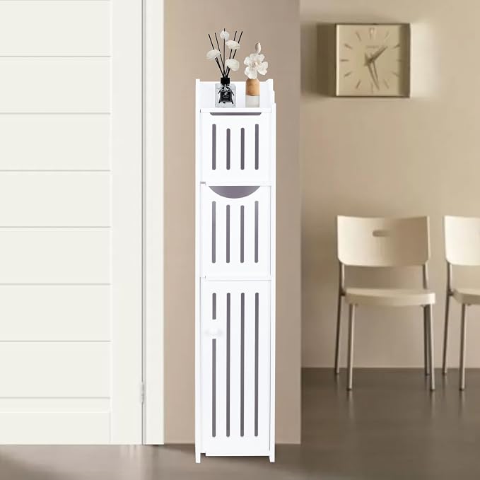 ShellKingdom Toilet Paper Holder Stand, Bathroom Storage Cabinet with Doors | Slim Storage Cabinet for Bathroom Small Spaces Corner Shelf Organizer - White