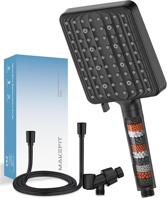MakeFit Filtered Shower Head with Handheld - High Pressure 6 Modes Handheld Shower Head with Filters - Water Softener Filters Beads for Hard Water - Detachable Showerhead for Bathrooom, Matte Black