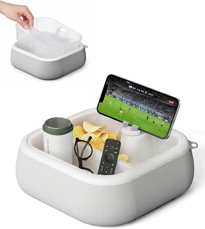 Viozon Couch Cup Holder Tray, EPP Foam Floating Bathtub Tray & Pool Caddy with 360° Adjustable Phone Stand Dock, Detachable Snack Drink Organizer for Sofa Bed (Grey)