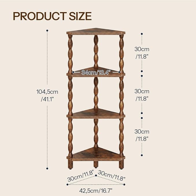 HOOBRO 4-Tier Corner Shelf, Wooden Corner Bookshelf for Small Space, Stylish Corner Storage Display Shelves for Living Room, Kitchen, Office Rustic Brown FG194CJ01