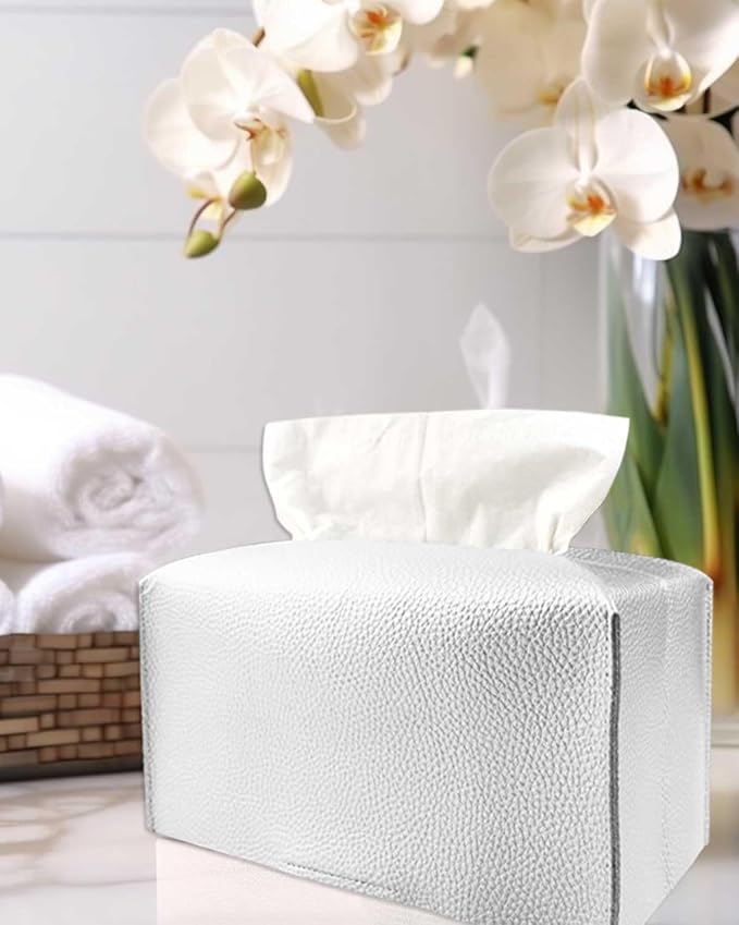 Rectangle Tissue Box Cover Silver - Normal Size Leather Rectangular Tissue Box Cover [JESMINI] Faux Leather Tissue Box Holder Long for Normal Rectangular Facial Tissue Box
