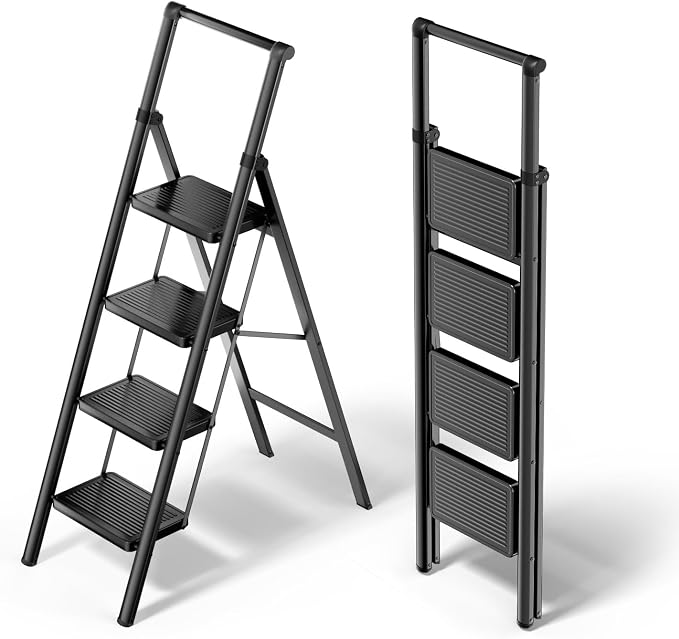 4 Step Foldable Step Stool with Handrail, 330lbs Load, Black | Folded 58'' H x 3'' T; Net 14.8 lbs; Anti-Slip Feet Grip Wood, Tile, Carpet; Wide Pedals; For Shelves, Repairs.