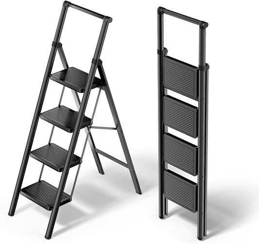 4 Step Foldable Step Stool with Handrail, 330lbs Load, Black | Folded 58'' H x 3'' T; Net 14.8 lbs; Anti-Slip Feet Grip Wood, Tile, Carpet; Wide Pedals; For Shelves, Repairs.