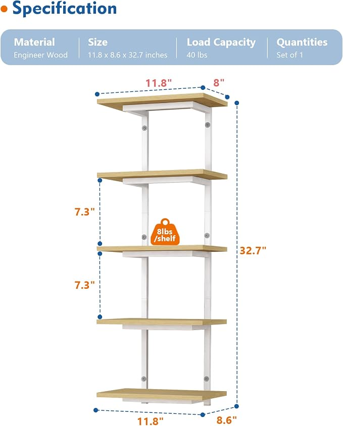 Harwaya White and Natural Tiered Wall Shelf Unit, 5 Tier Display Floating Shelves, Deep Hanging Wall Shelving Unit for Living Room Plants TV, Bedroom Books, Office Décor (White and Natural Wood)
