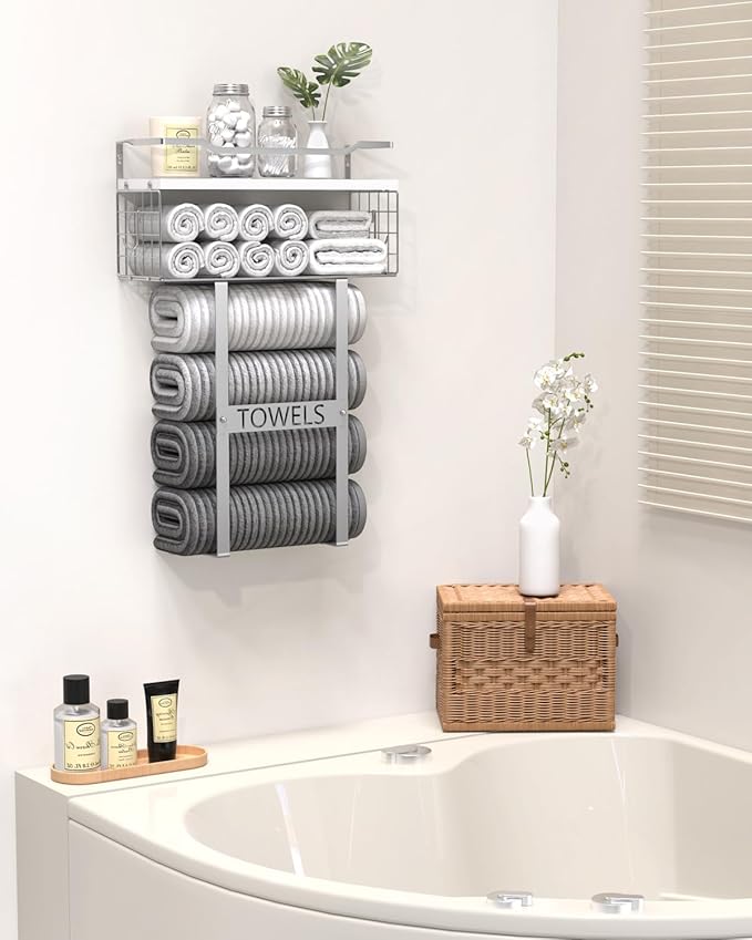 Towel Racks for Bathroom Wall Mounted - Bath Wall Towel Holder Set Above Toilet Storage, Rolled Towel Shelf Organizer for Small Bathroom, Wood Vertical Towel Rack for Bathroom Wall Decor Silver | Towel Storage with Wood Shelf & Metal Basket,Fit for Sma...