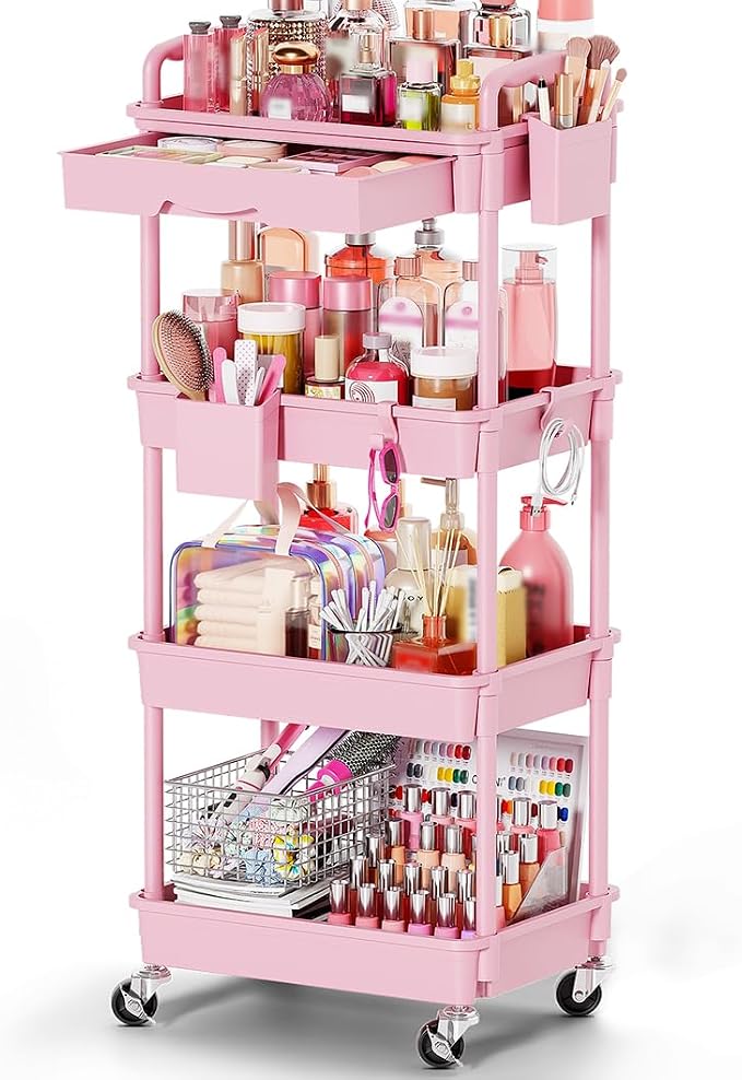 Goovilla Rolling Makeup Organizer Cart with Removable Drawer, 4 Tier Pink | Stable Floor Skincare Storage Cart for Vanity, Cosmetic Display, Nail Polish, Perfume, Hair Stuff, Beauty, Bathroom(Plastic)