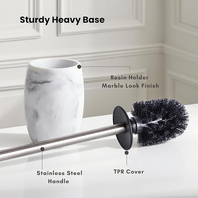 Clasin Home Toilet Bowl Brush and Holder with Stainless Steel Long Handle, Toilet Scrubber Brush with Durable Base, 360° Deep Cleaning Bristles for Bathroom, Compact Set for Small Space (White)
