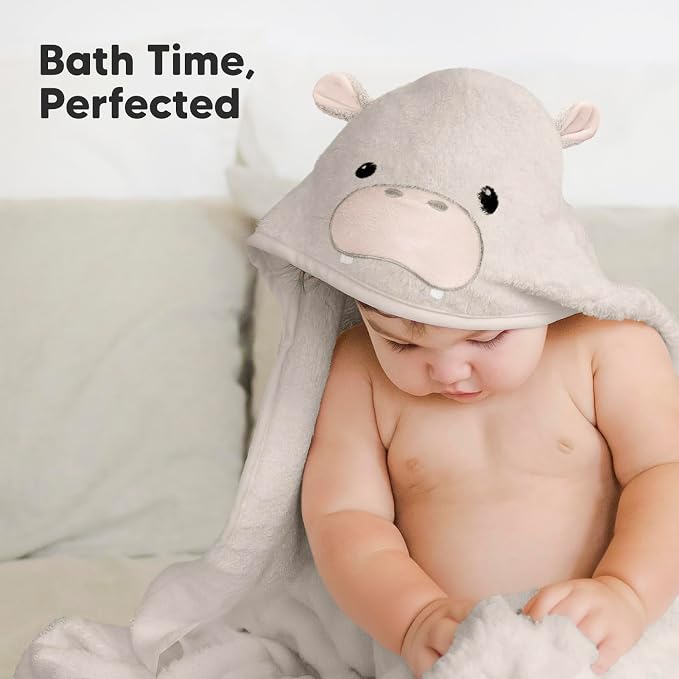 KeaBabies Hooded Baby Towel for Newborn, Baby Bath Towels (Hippo, 35x35) | Viscose Derived from Bamboo, Large Baby Towels with Hood, Boys, Girls, Toddler, Soft Absorbent Baby Bath Essentials