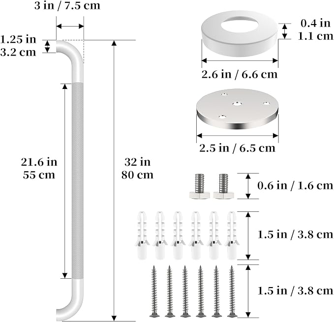 White Grab Bar 32 Inch, Grab Bar for Bathtub and Shower | Anti-Slip Knurled Grip, Stainless Steel, Bathroom Assist Handle Handrail, Handicap Support Bars for Toilet, 1.25" Diameter