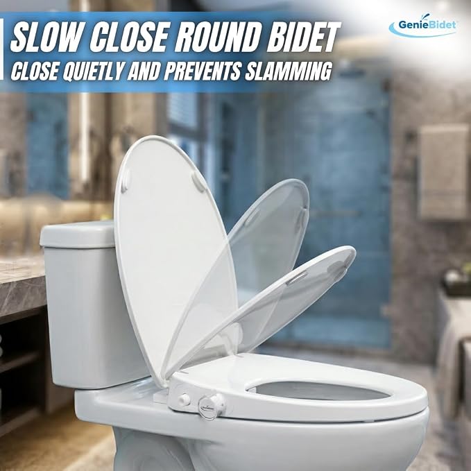 GenieBidet Right Side Bidet Toilet Seat Round - Round Bidet Toilet Seat with Adjustable Self-Cleaning Nozzles, Attachment, T Adapter & Bottle - Non Electric Bidet Seat