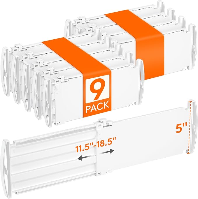 Lifewit 5" Tall Drawer Dividers, Adjustable Deep Drawer Organizer Clothes | 9 Pack 11.5"-18.5" Expandable White Plastic Separators for Dresser, Kitchen, Cabinet, Closet, Office Organization & Storage