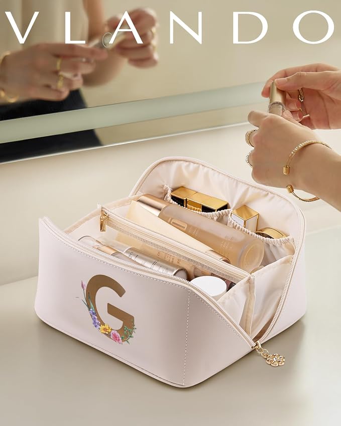 VLANDO Makeup Travel Bag with Separate Brush Pouch,Letter G,Off White | PU Leather Personalized Toiletry Bag,Open Flat Cosmetic Skincare Organizer,Gifts for Women,Bridesmaid,Teen