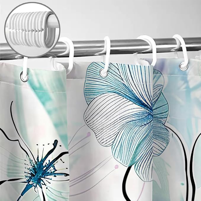 Sanzugh Teal Floral Shower Curtain, Boho Emerald Sage Hunter Olive Green Blue Abstract Flowers Art Cute Fabric Shower Curtains Set for Bathroom Decorative with Hooks 72 X 72 inch Spring Bath Decor