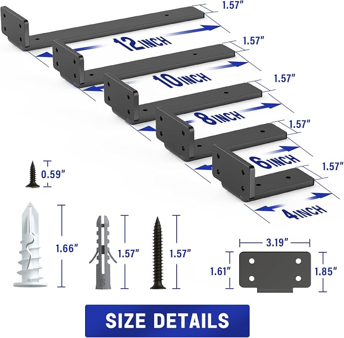 Goovilla Shelf Bracket, Floating Shelf Brackets 10 inch Long, 4 Pack, Black | Heavy Duty Brackets for Shelves, Black Coated Metal Wall Shelf Support Brackets with 1/5 Inch Thick and 160 lb. Load Capacity