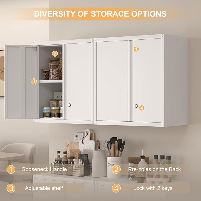 Wall Cabinet,Metal Wall Cabinet for Garage with Lock,Metal Locking Storage Cabinet with Adjustable Shelf for Kitchen,Home Office,White