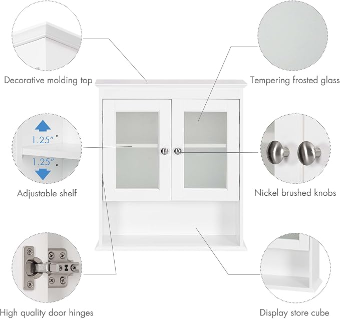 Spirich Bathroom Wall Cabinet with Glass Doors, White Medicine Cabinet | FSC-Certified MDF, Adjustable Shelf, Open Bottom Shelf, Wall Mount Storage for Bath, Kitchen, Laundry Room or Entryway