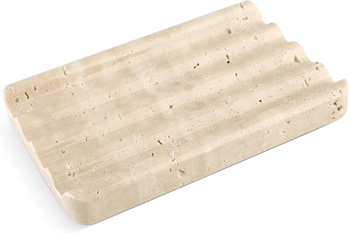 Karibiber Marble Soap Dish, Beige Travertine Bar Soap Holder Shower, Large Bathroom Soaps Saver, Easy Cleaning Natural Stone Sponge Holder for Kitchen Sink, Executive Jewelry Ring Tray