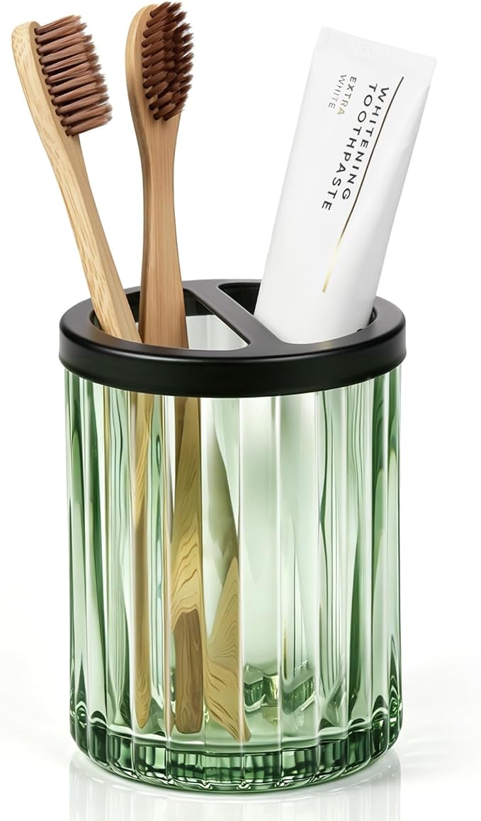 8oz Toothbrush Holders for Bathrooms, Green Striped Toothbrush Cup, Green | Bathroom Tumbler and Mouthwash Cup with Black Divider, Tooth Brush and Toothpaste Organizer for Countertop