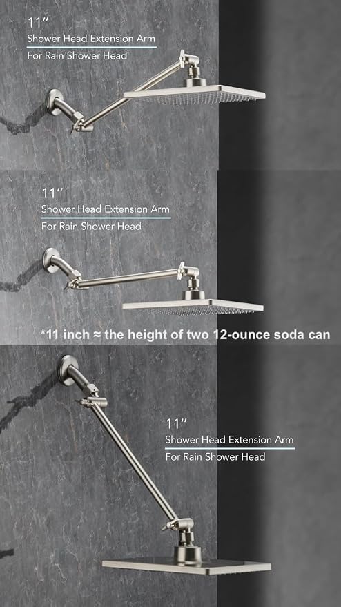 11 Inch Adjustable Shower Head Extension Arm With Locking Set Screw, Singing Rain 304 Stainless Steel Nickel Brushed Angle Height Adjustable, G1/2 Universal Connector Compatible (Nickel Brushed)