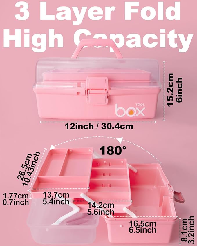 TERGOO 12in 3-Layer Plastic Craft Organizers and Storage, Portable Folding Tackle Box with Handle & Adjustable Dividers, Multipurpose Case for Sewing, Art Supplies, Medicine, Tools (Pink)