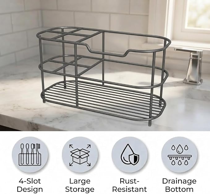 Bathway Toothbrush Holder for Bathroom, 6.9"L x 3.4"W x 4"H, Matte Gray, L | Waterproof, Rust-Proof, More Durable, Multifunctional, Large-Capacity, Non-Slip, Anti-Tip, Self-Draining, Stylish Appearance