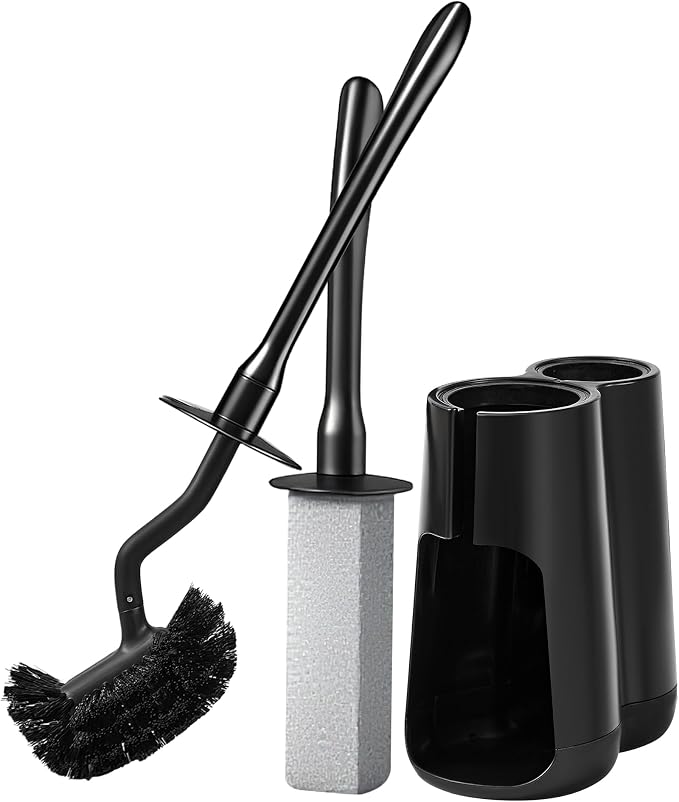 Toilet Brush and Holder Set with Pumice Stone Toilet Bowl Cleaner | Long-handle Scrubber with Ventilated Holder and Pumice Stone for Hard Water Stains, Limescale and Toilet Rings