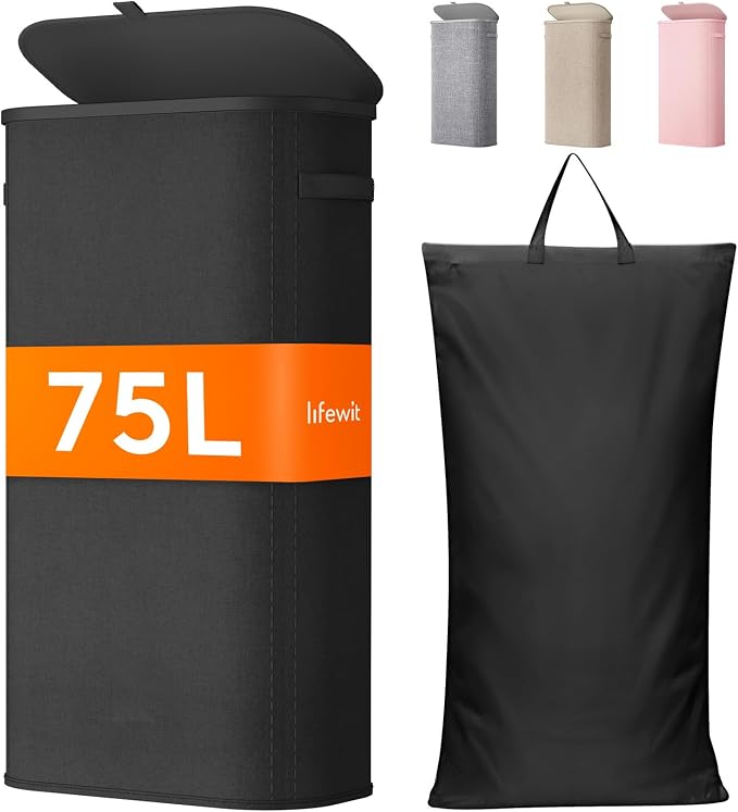 Lifewit Slim Laundry Basket with Lid and Removable Bag, 75L, Black | Plastic Handles, Collapsible Narrow Laundry Hamper, Tall Skinny Laundry Bin, Clothes Hamper for Laundry, Bedroom, RV, Dorm
