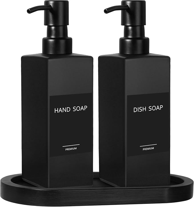GMISUN Kitchen Soap Dispenser Set, Hand and Dish Soap Dispensers Set, Black Liquid Soap Dispenser with Tray, Refillable Dish Dispensers for Kitchen, Glass Soap Bottles with Stainless Steel Pump