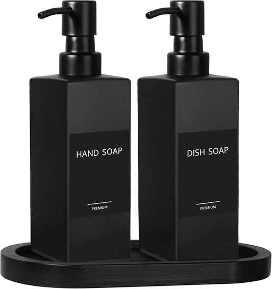 GMISUN Kitchen Soap Dispenser Set, Hand and Dish Soap Dispensers Set, Black Liquid Soap Dispenser with Tray, Refillable Dish Dispensers for Kitchen, Glass Soap Bottles with Stainless Steel Pump