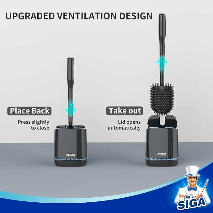 MR.SIGA Toilet Bowl Brush and Holder, Wall Mounted Toilet Brush, Black | Automatic lid design, sturdy handle, upgraded ventilation, flexible thermoplastic rubber head, easy to clean and dry quickly