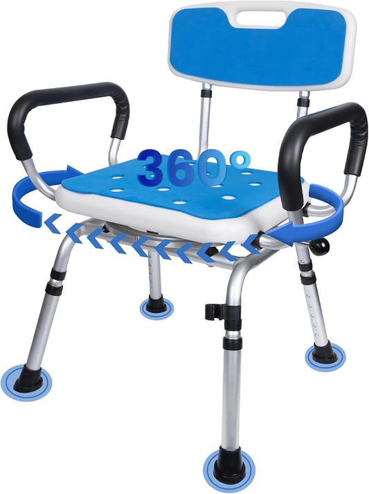 Swivel Shower Chair 500lbs Heavy Duty Adjustable Arms & Back 360° Rotating | Slip-resistant rubber feet Easy-clean Tool-free Install Ergonomic wide seat Built-in drainage holes 5 height settings