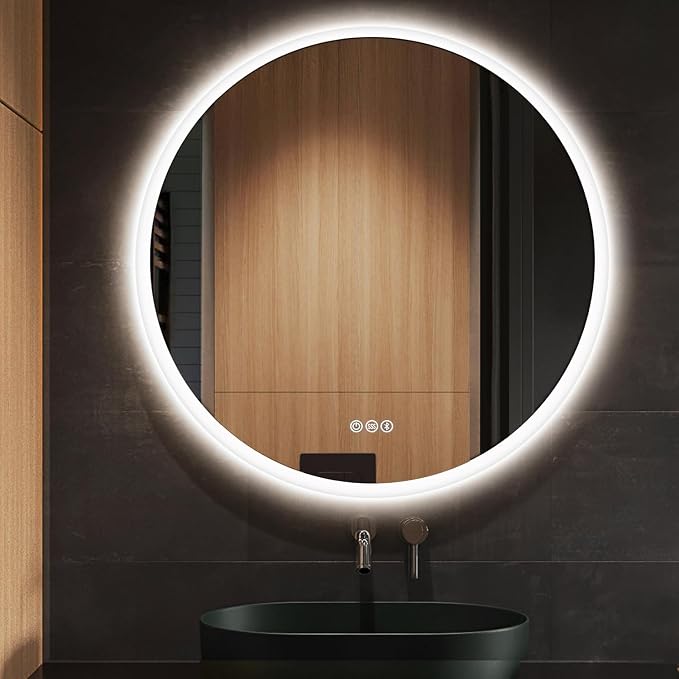 S·BAGNO 40’’ Round Led Bathroom Mirror with Lights, Bluetooth Speaker | Anti-Fog, Dimmable, 3-Color Light, Memory Function, Tempered Glass, IP54 Waterproof Rating, Wall-Mounted Round Led Mirror