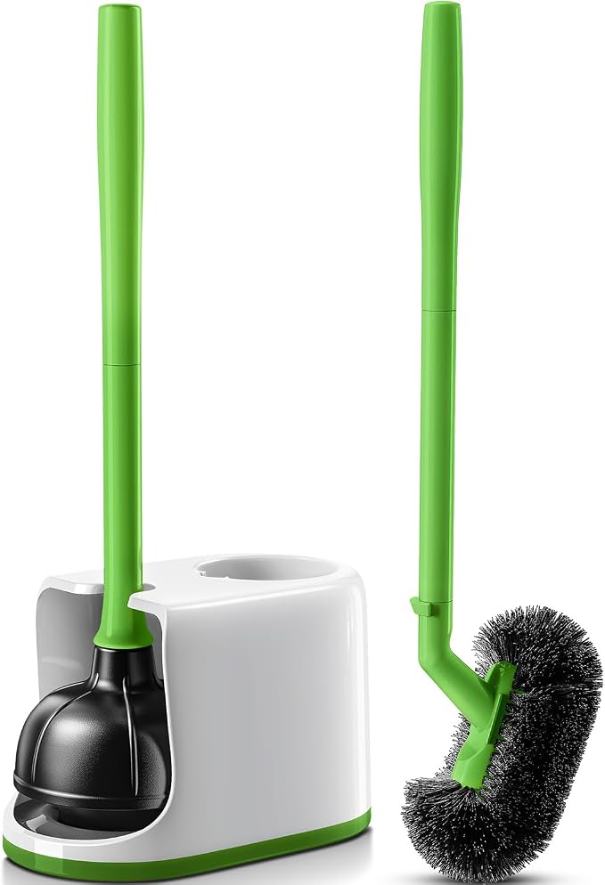HAMITOR Toilet Plunger Bowl Brush Combo：Heavy Duty Rubber for Drain Clog | Curved Design Bristles for Deep Cleaning Under Rim - Compact Bathroom Cleaning Tools for New Homet Essentials, Green