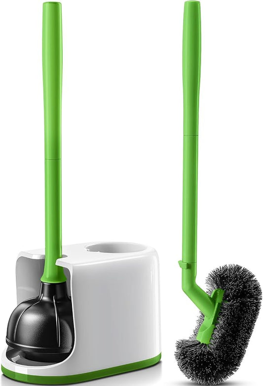 HAMITOR Toilet Plunger Bowl Brush Combo：Heavy Duty Rubber for Drain Clog | Curved Design Bristles for Deep Cleaning Under Rim - Compact Bathroom Cleaning Tools for New Homet Essentials, Green