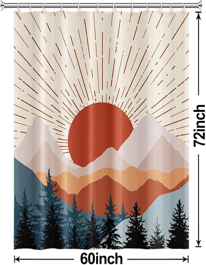 Boho Sunrise Shower Curtain with Hooks for Bathroom 60x72 Inch | Waterproof Abstract Terracotta Mountain Forest Shower Curtain Set, Soft Bathroom Decor, Machine Washable